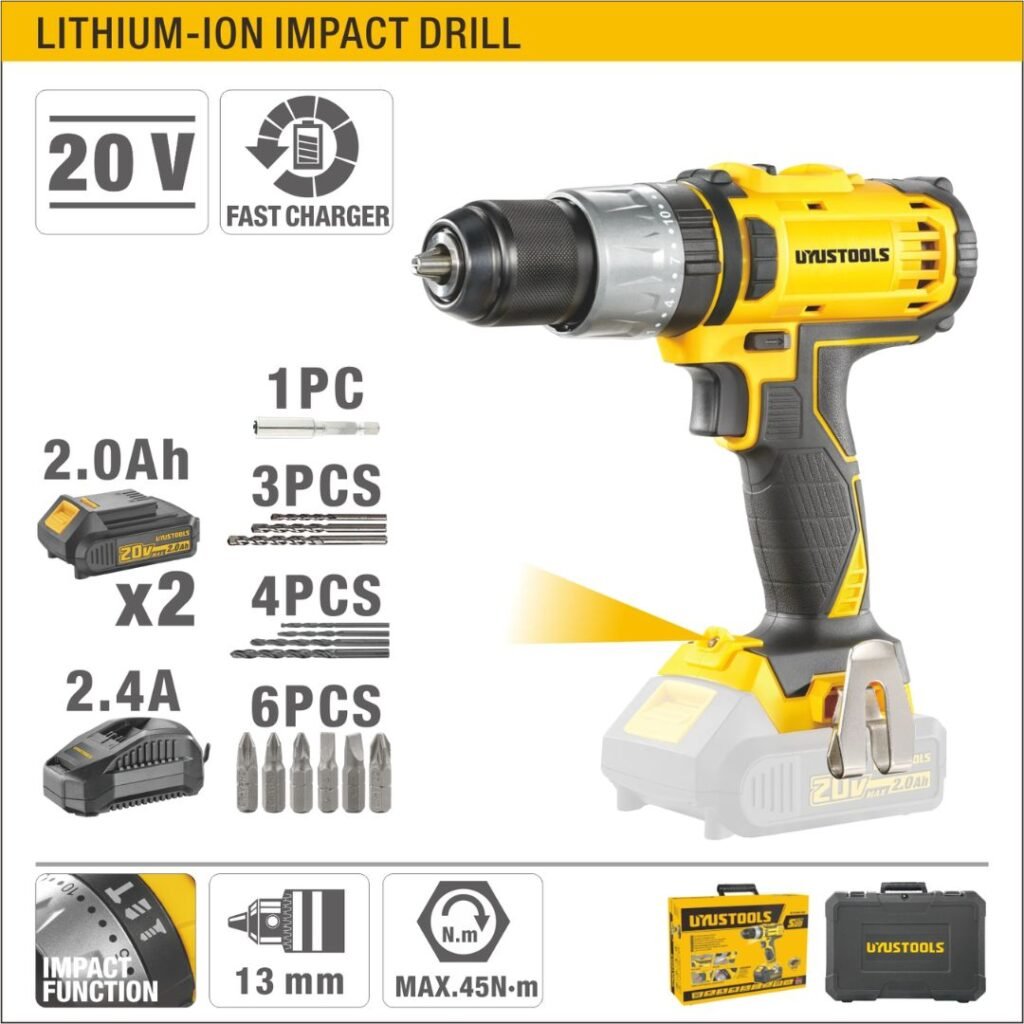 20V Lithium-Ion Impact Drill - 45N·m Torque, 22+1+1+1 Settings, Extensive Accessory Kit ARL-UY-ITL02-202