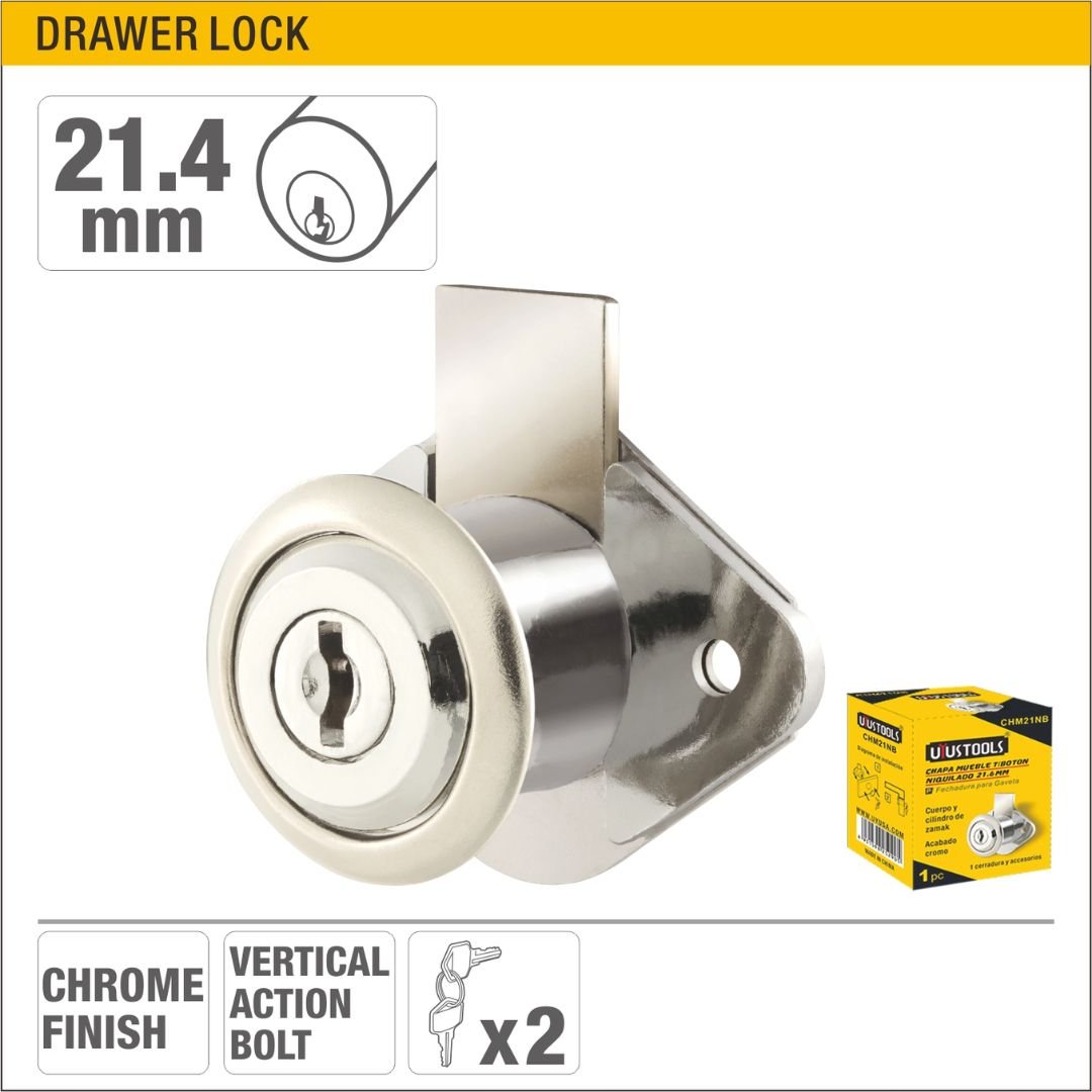 21.4mm Chrome Drawer Lock with Vertical Action Bolt and 2 Keys Model ARL-CHM21NB