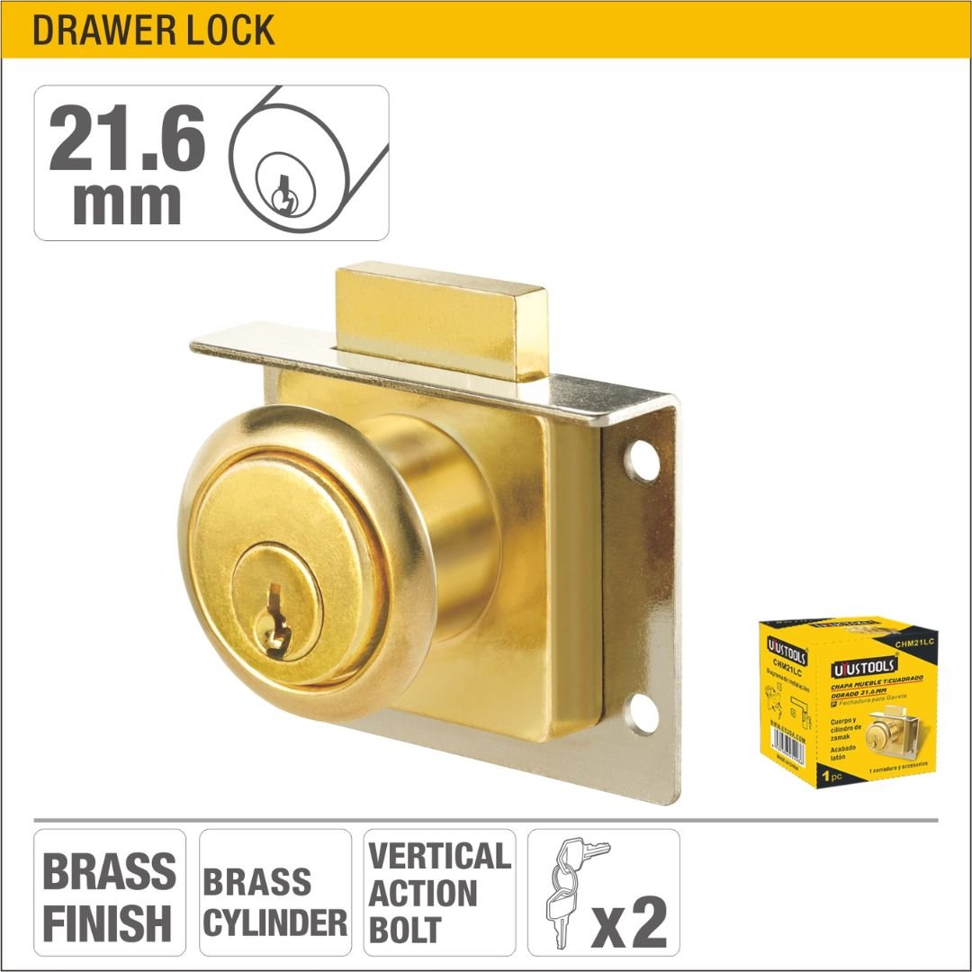 21.6mm Brass Drawer Lock with Vertical Action Bolt and 2 Keys Model ARL-CHM21LC
