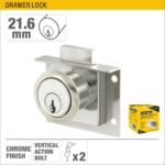 21.6mm Chrome Drawer Lock with Zamac Body and Cylinder, Vertical Action Bolt, and 2 Keys Model ARL-CHM21NC