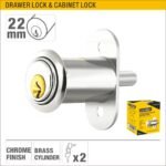 22mm Chrome Drawer & Cabinet Lock with Zamac Body, Brass Cylinder, and 2 Keys Model ARL-CHM22CB
