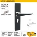 Black Finish Double Cylinder Lever Handle Lock with Brass Cylinder for Wood and Metal Doors (35-50mm Thickness) Model ARL-CH501YH