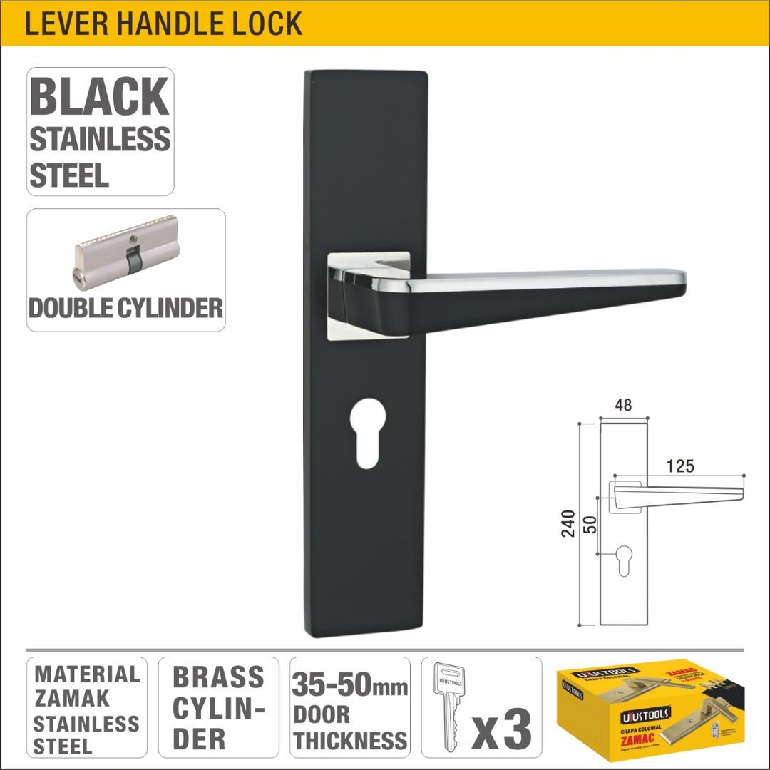 Black Finish Double Cylinder Lever Handle Lock with Brass Cylinder for Wood and Metal Doors (35-50mm Thickness) Model ARL-CH501YH