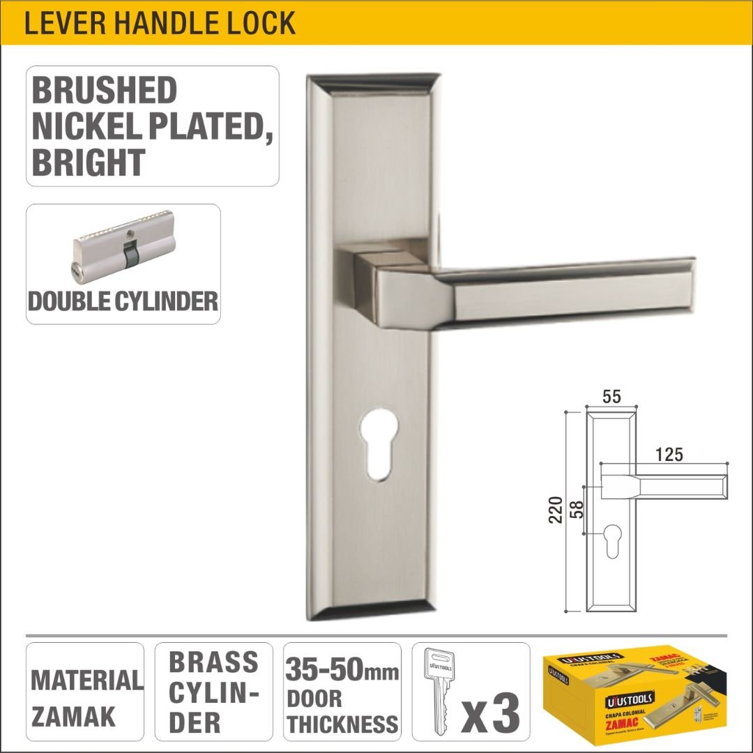 Bright Brushed Nickel Plated Double Cylinder Lever Handle Lock Model ARL-CH827KN