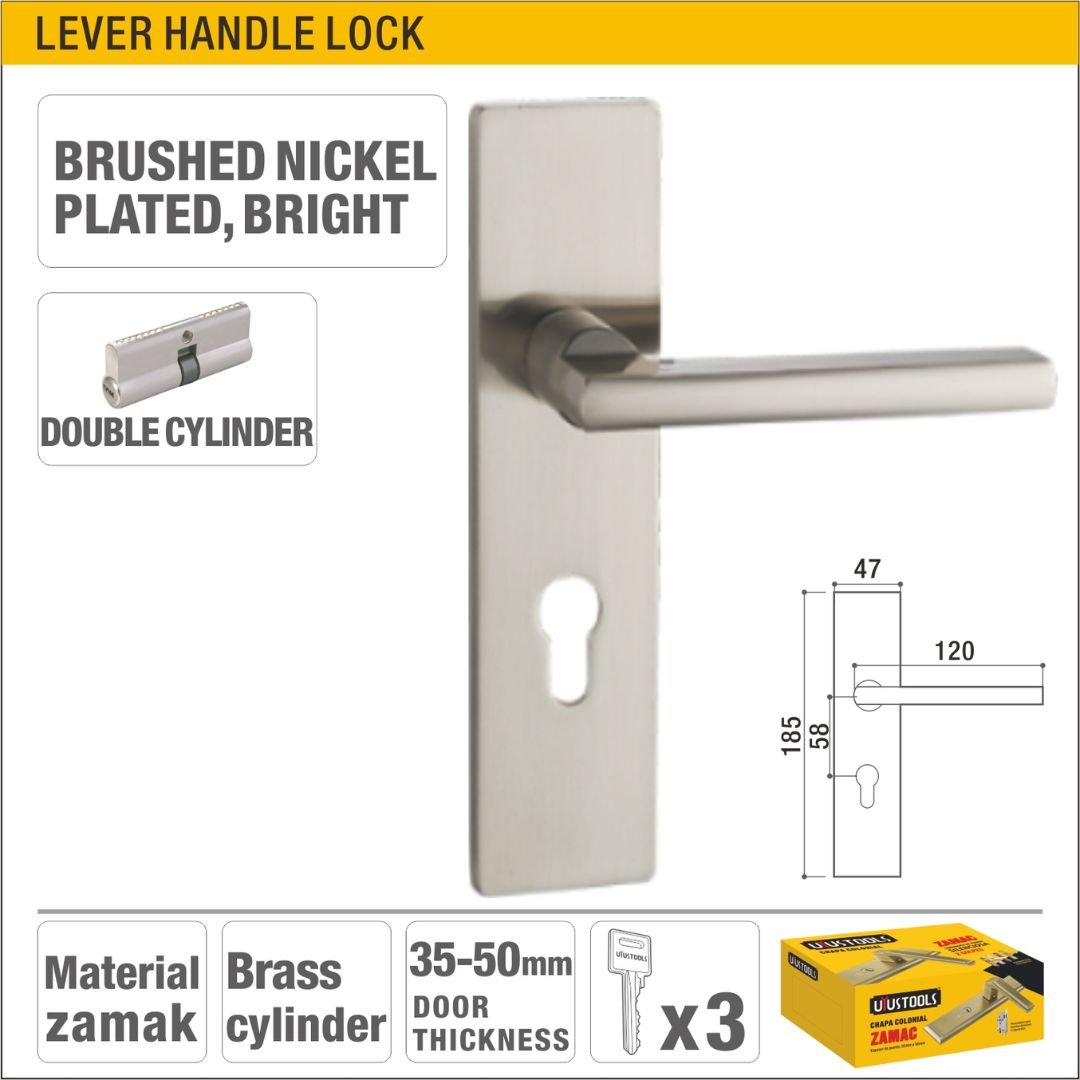 Bright Brushed Nickel Plated Double Cylinder Lever Handle Lock with Brass Cylinder for Wood and Metal Doors Model ARL-CH601KN