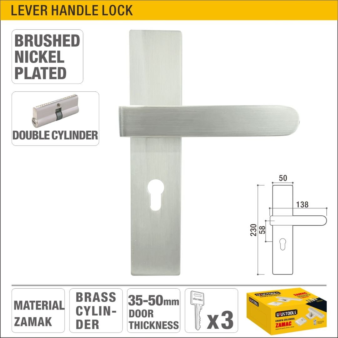 Brushed Nickel Plated Double Cylinder Lever Handle Lock with Brass Cylinder for Wood and Metal Doors Model ARL-CH621SN