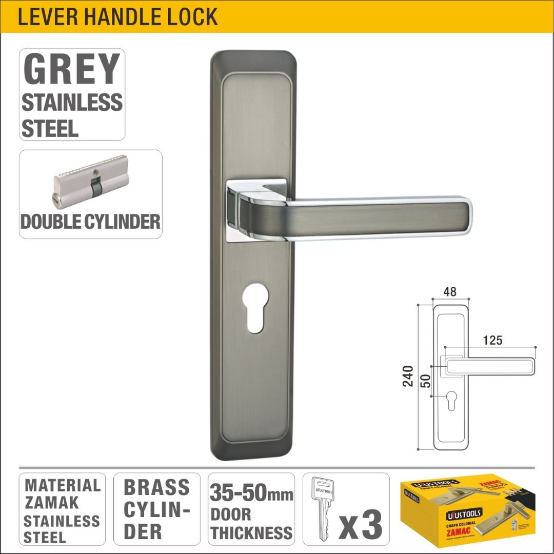 Grey Finish Double Cylinder Lever Handle Lock with Brass Cylinder for Wood and Metal Doors Model ARL-CH536TH