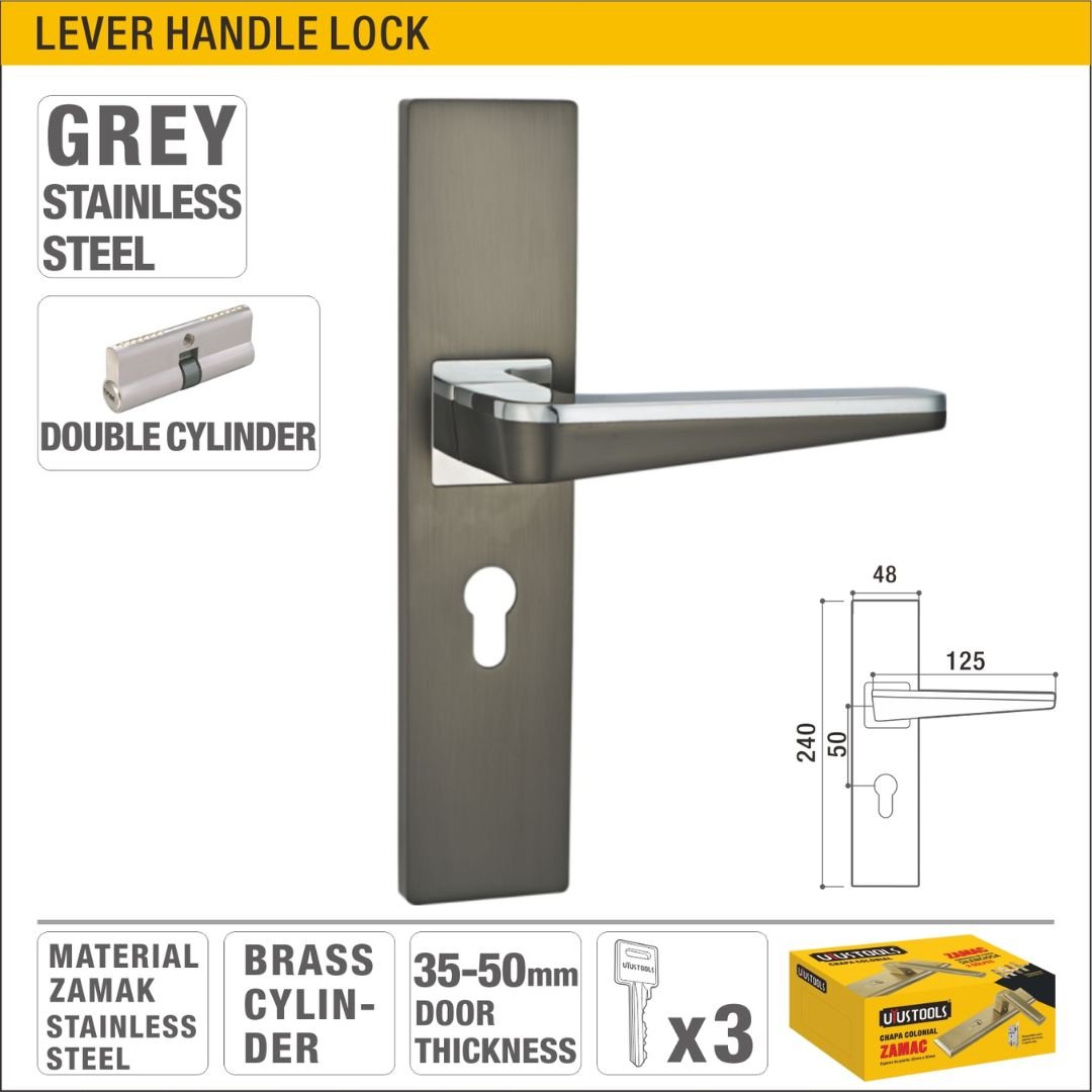 Grey Finish Lever Handle Lock with Brass Cylinder for Wood and Metal Doors (35-50mm Thickness) Model ARL-CH501TH
