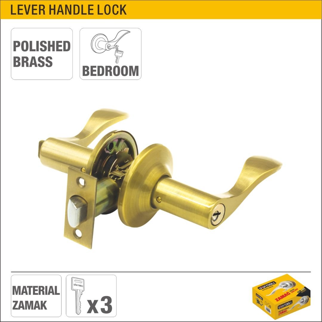 Polished Brass Lever Handle Lock for Bedroom Doors (35-45mm Thickness) Model ARL-CH1863PB