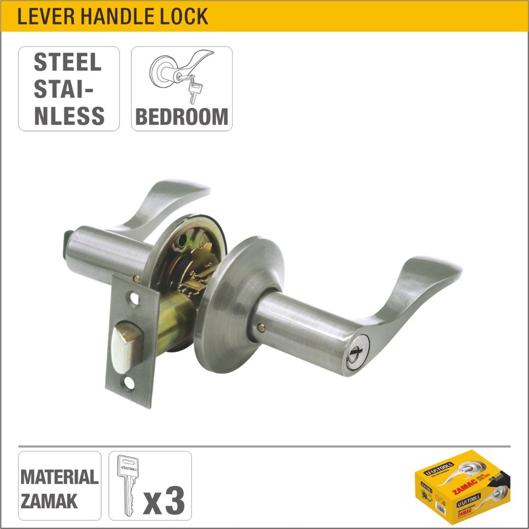 Steel Stainless Lever Handle Lock for Bedroom Doors (35-45mm Thickness) Model ARL-CH1863SS