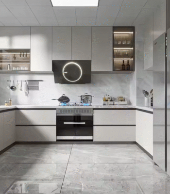 Complete Beige Acrylic & PVC Kitchen Solution with PU Lacquer Finish