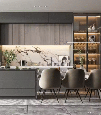 Handleless Light Gray Glossy Storage Cabinets - Modern Kitchen Furniture Design