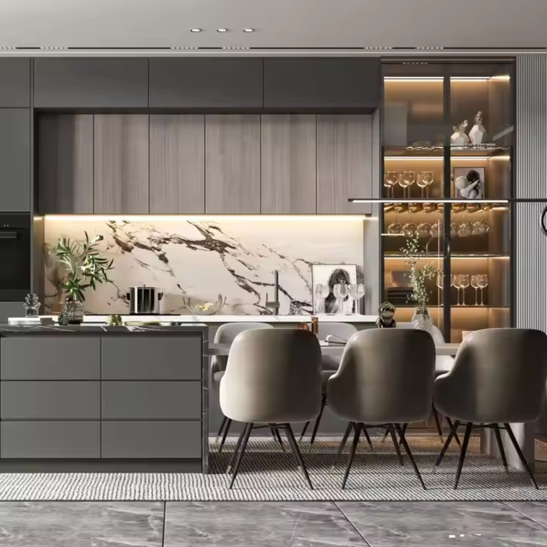 Handleless Light Gray Glossy Storage Cabinets - Modern Kitchen Furniture Design