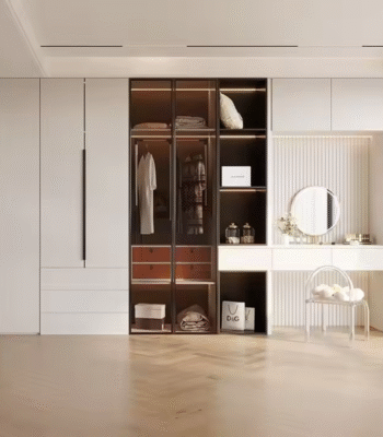 High-End Modern Wardrobe with Glass-Inserted Doors & LED-Lit Shelves ARL-STW006