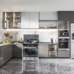 Lacquer L-shaped Kitchen Cabinet with Island Furniture Design