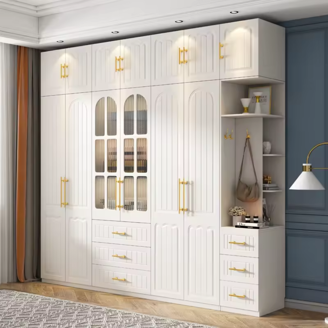 Luxury White Wardrobe Set with Integrated Drawers & Display Shelf