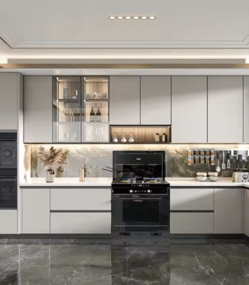 Modern Beige Acrylic Kitchen Cabinet Set - Compact Design for Mobile Homes