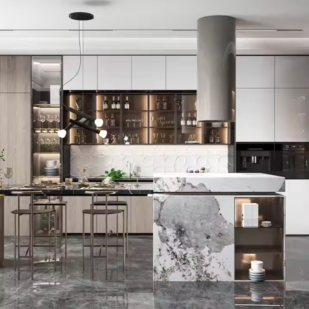 Modern Beige Acrylic Sheet Kitchen Cabinets PVC Cuisine Unit