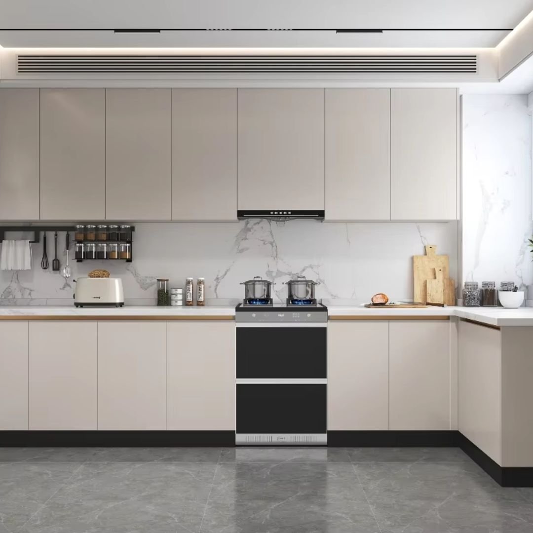 Modern Beige Kitchen Cabinets with Marble Backsplash ARL-MD-0326