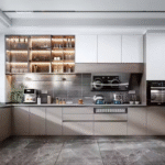 Modern Kitchen Storage Cabinets Handleless Light Gray Glossy Design