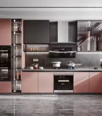 Modern Kitchen Storage Cabinets Handleless Light Gray Glossy Design