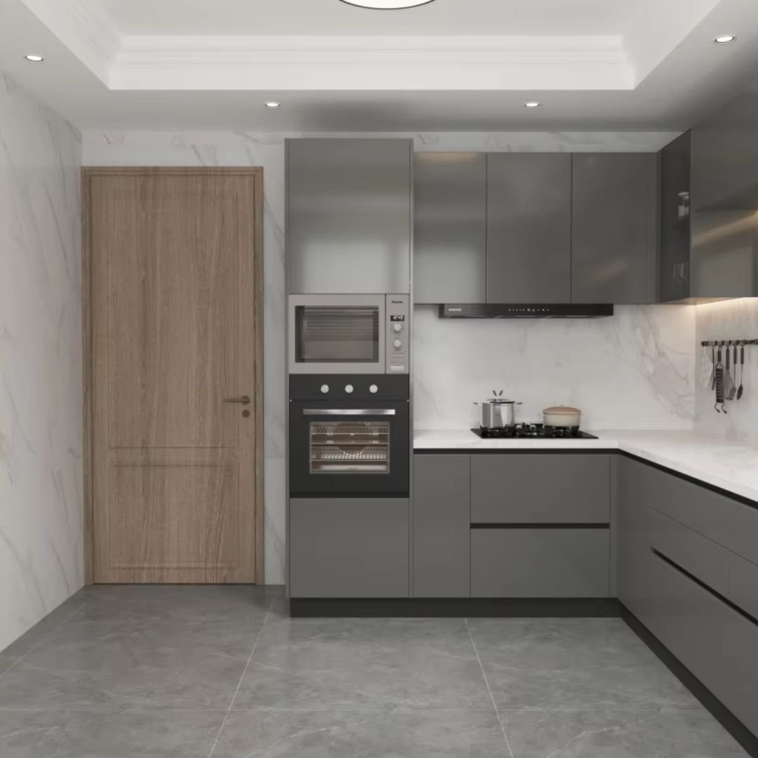 Modern L-Shaped Grey Kitchen Cabinets Integrated Storage ARL-MD-0326