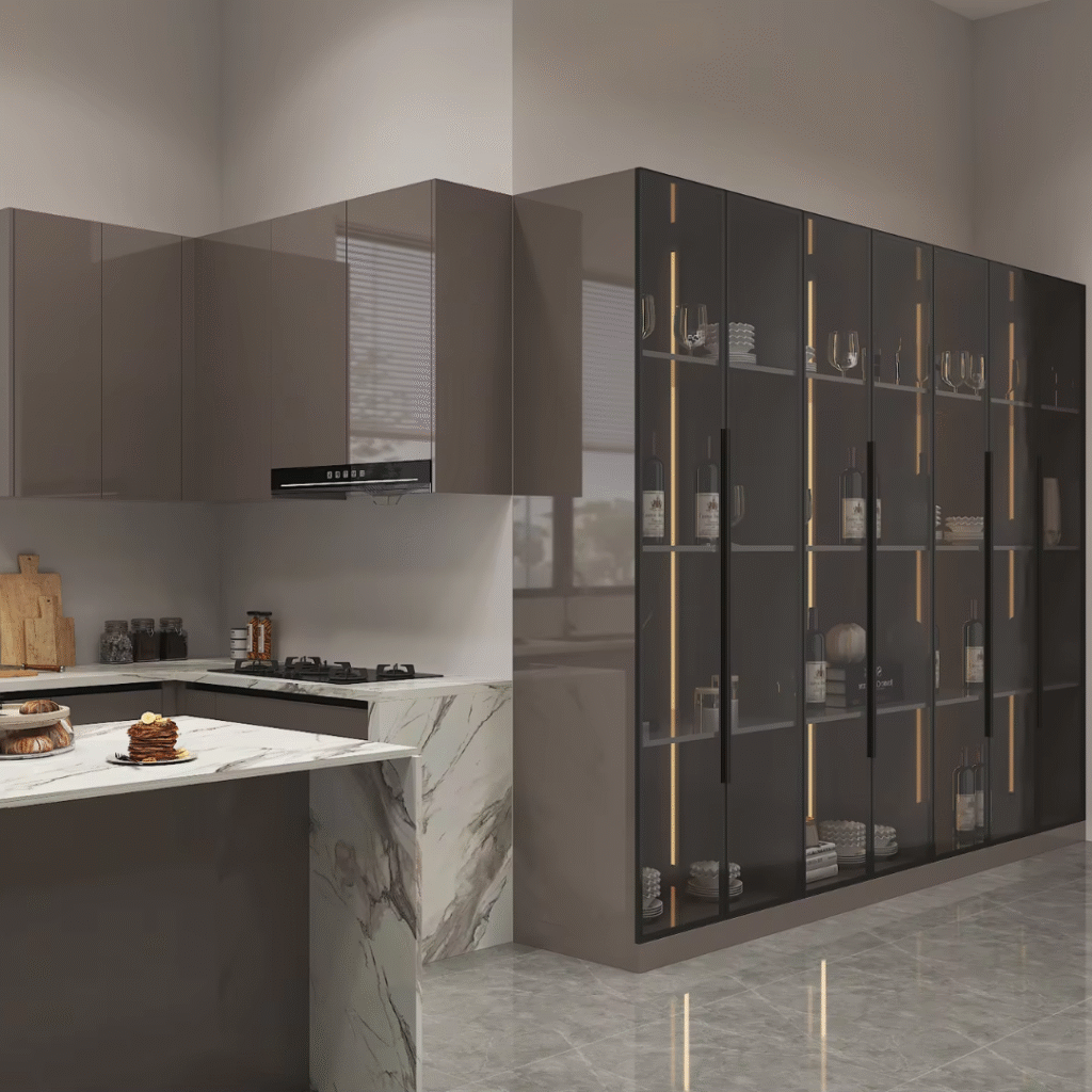 Modern L-Shaped Kitchen Cabinet Set with Dark Brown Glass Display ARL-G-014