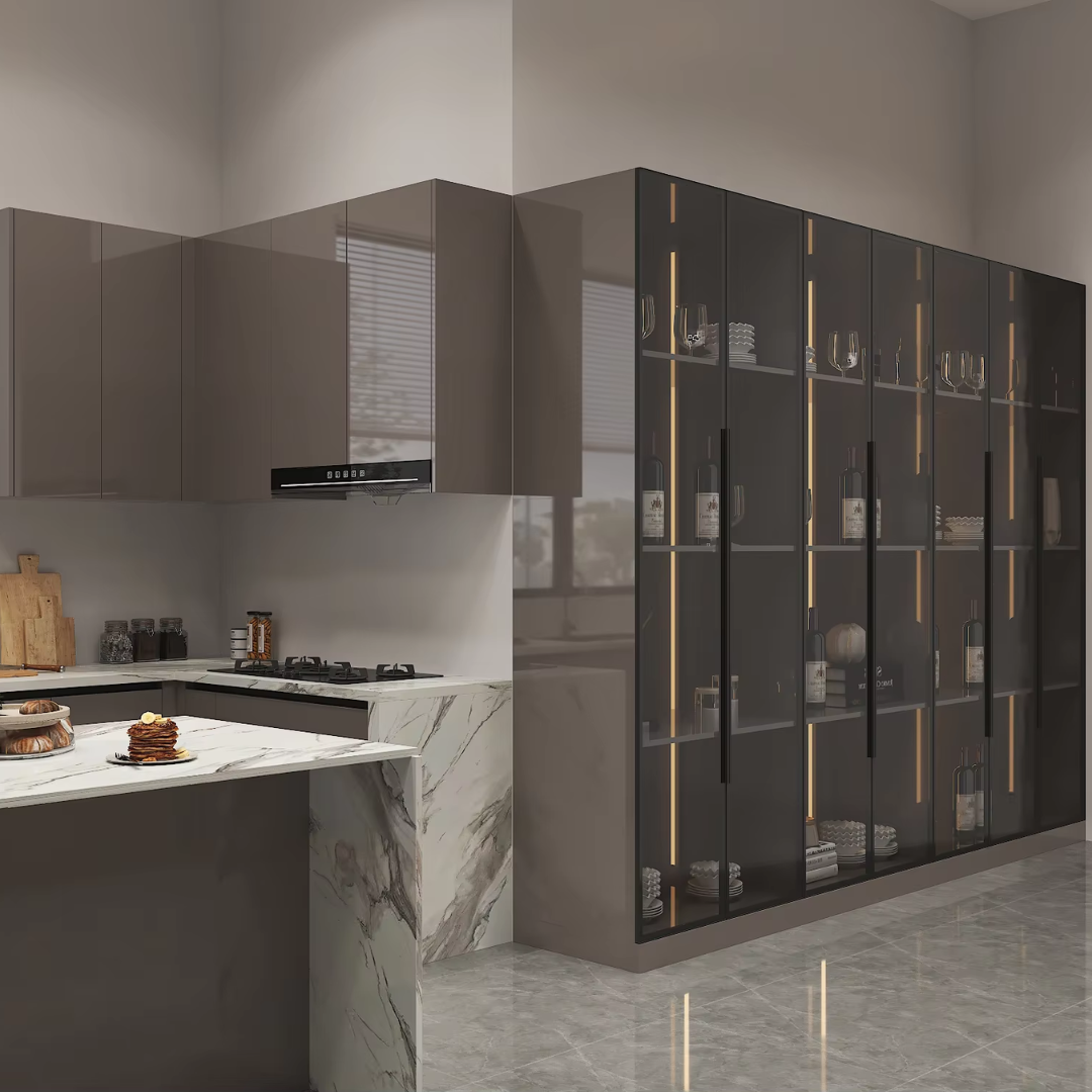 Modern L-Shaped Kitchen Cabinet Set with Dark Brown Glass Display ARL-G-014