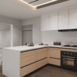 Modern L-Shaped Kitchen Cabinets with White Countertop and Light-Wood Finish ARL-C-0598