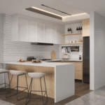 Modern L-Shaped Kitchen Cabinets with White Countertop and Light-Wood Finish ARL-C-0598