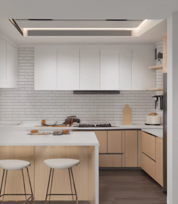 Modern L-Shaped Kitchen Cabinets with White Countertop and Light-Wood Finish ARL-C-0598