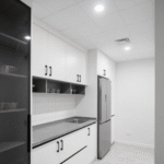 Modern White Modular Kitchen Cabinets with Black Handles Open Shelving ARL-C-004