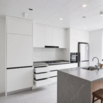 Modern White Modular Kitchen Cabinets with Black Handles Open Shelving ARL-C-004