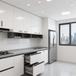 Modern White Modular Kitchen Cabinets with Black Handles Open Shelving ARL-C-004