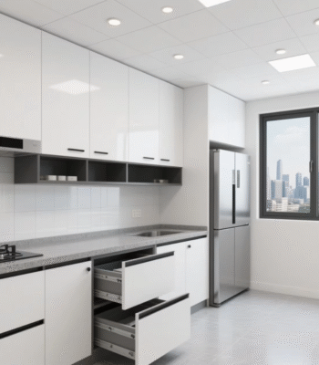 Modern White Modular Kitchen Cabinets with Black Handles Open Shelving ARL-C-004