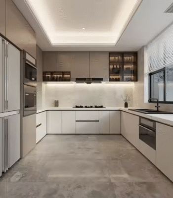 Space-Saving Modern Kitchen Cabinets with Island - Ideal for Apartments (Melamine & Quartz)