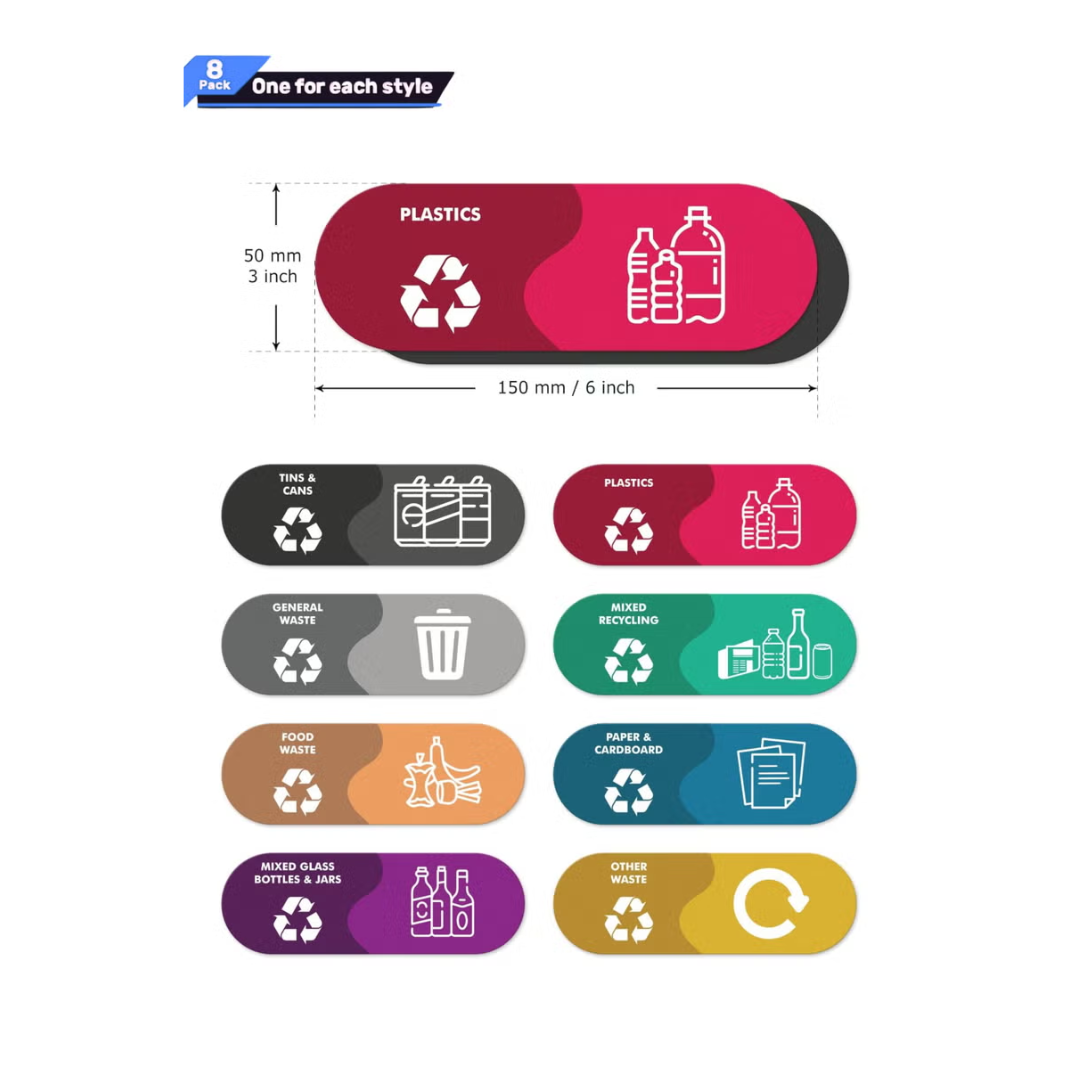 Weatherproof Recycling Bin Stickers 8 Pack