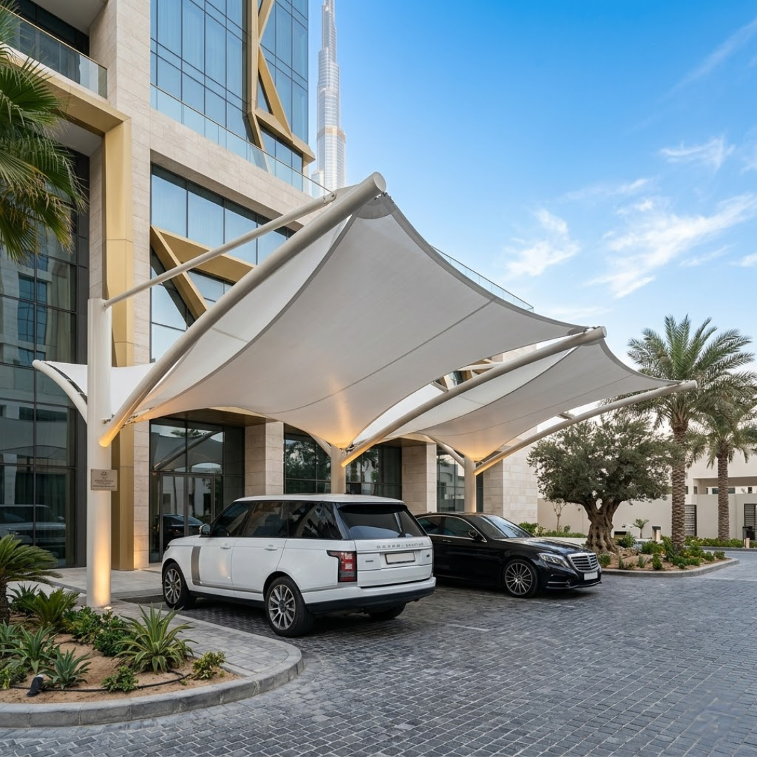 Car Parking Shade 750 GSM PVC Waterproof and fire-rated _ Installation & Supply (3) Knitted Shade Cloth | UV Protection Cloth | Arab Land Solutions