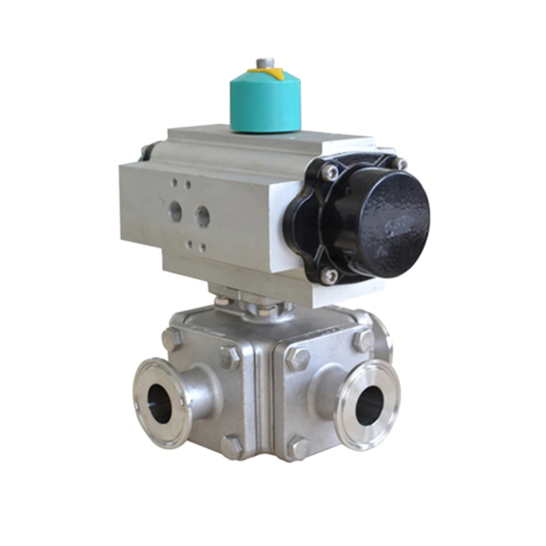 Pneumatic 3 way sanitary coverage ball valve