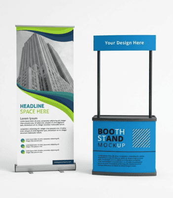 Customizable roll-up banner and booth stand for trade shows and events.
