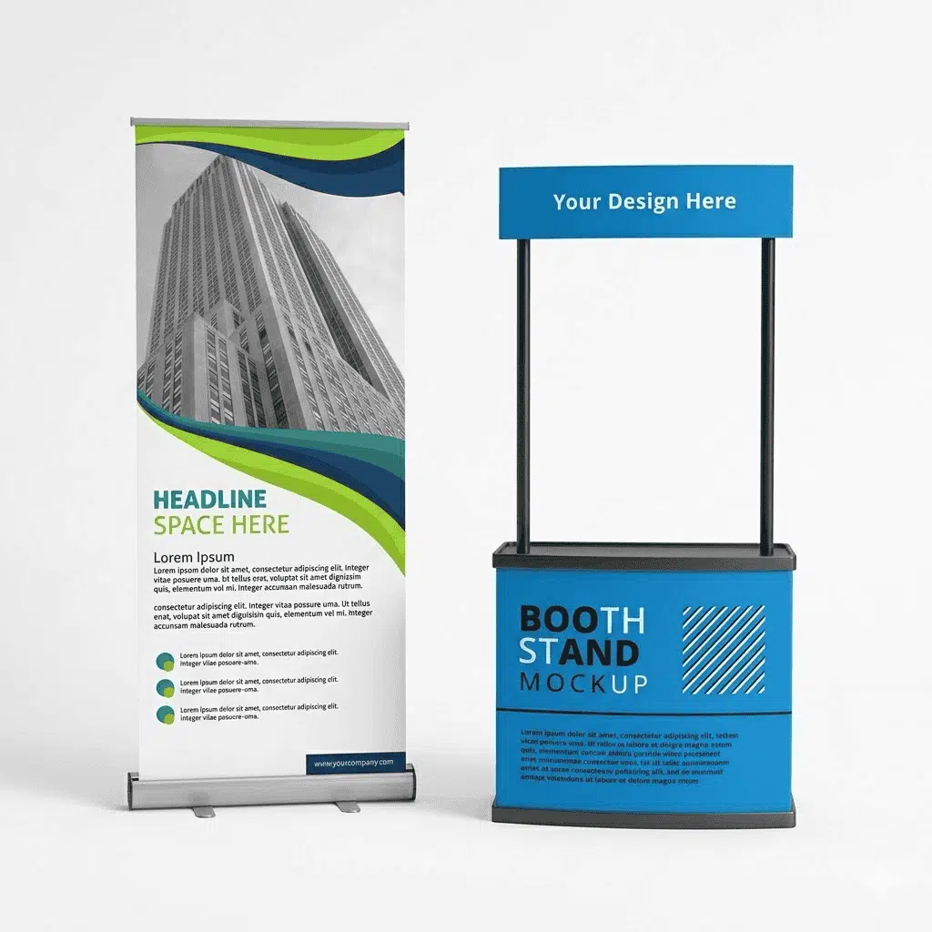 Customizable roll-up banner and booth stand for trade shows and events.