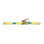 Heavy-duty lifting strap with metal hook for secure load handling and transportation.