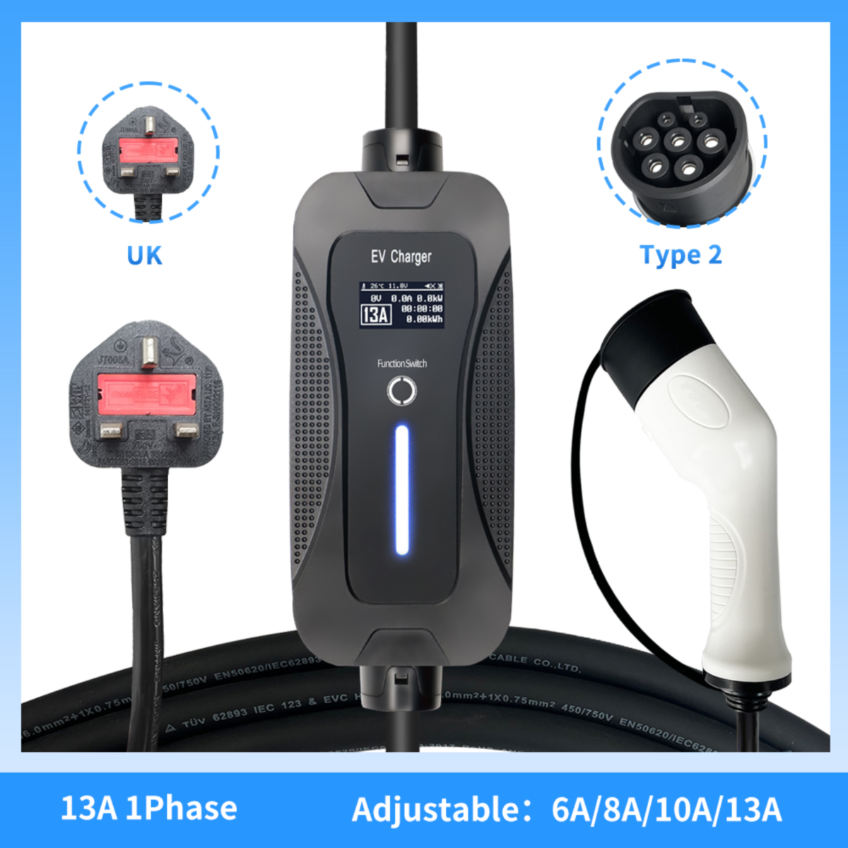 16A/32A Fast charging 32A Type2 Portable EV Charger