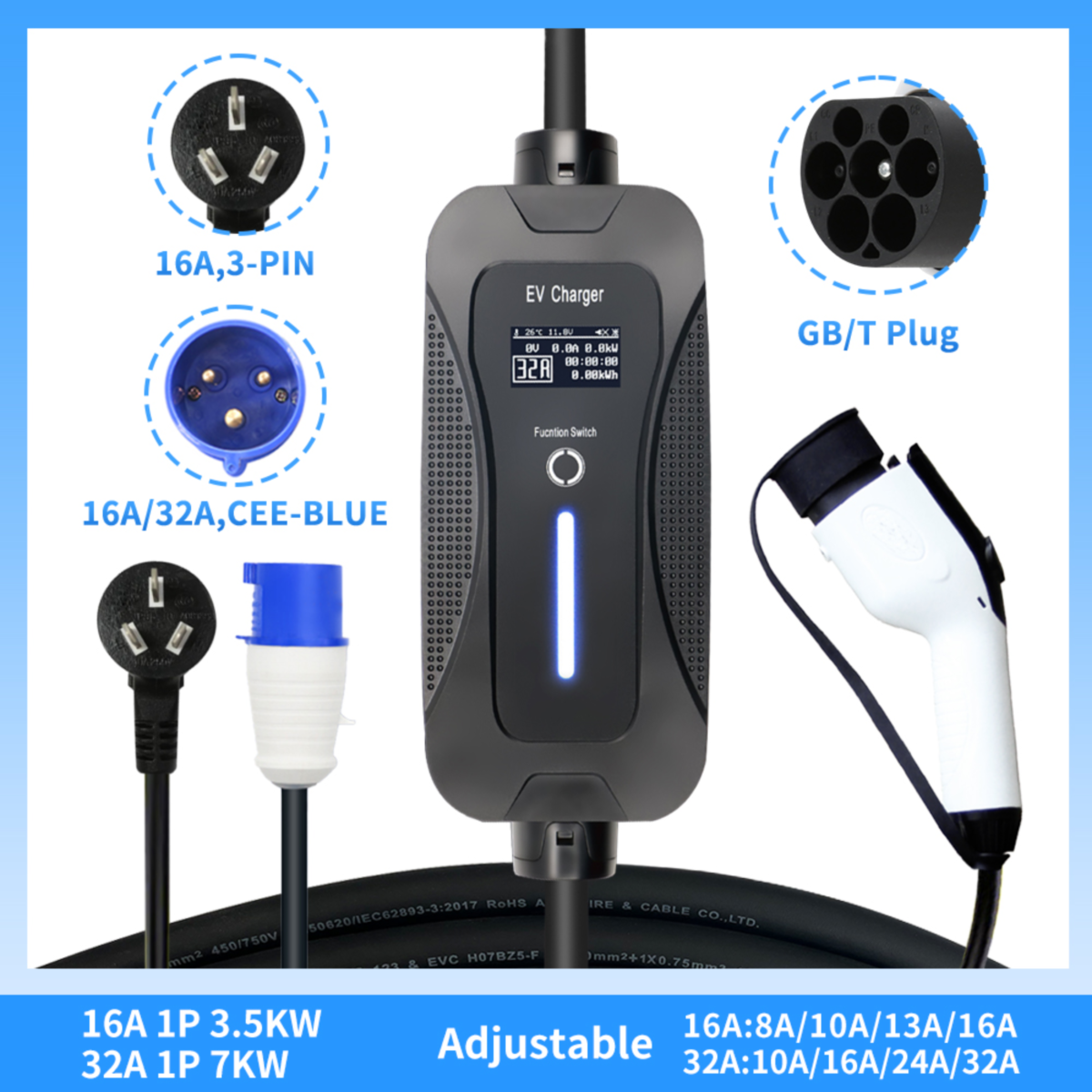 Fast charging 32A GB/T Portable EV Charger 16A/32A