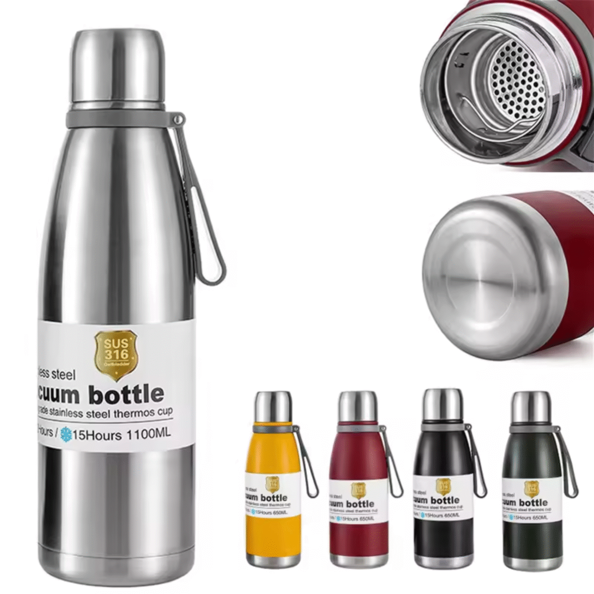 1100ML Vacuum Insulated Stainless Steel Water Bottle with Carabiner