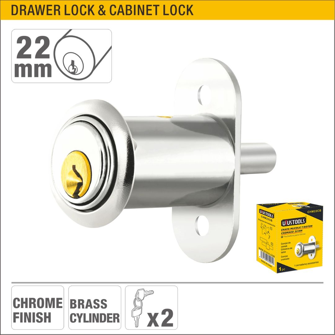 22mm Chrome Drawer & Cabinet Lock with Zamac Body, Brass Cylinder, and 2 Keys Model ARL-CHM22CB