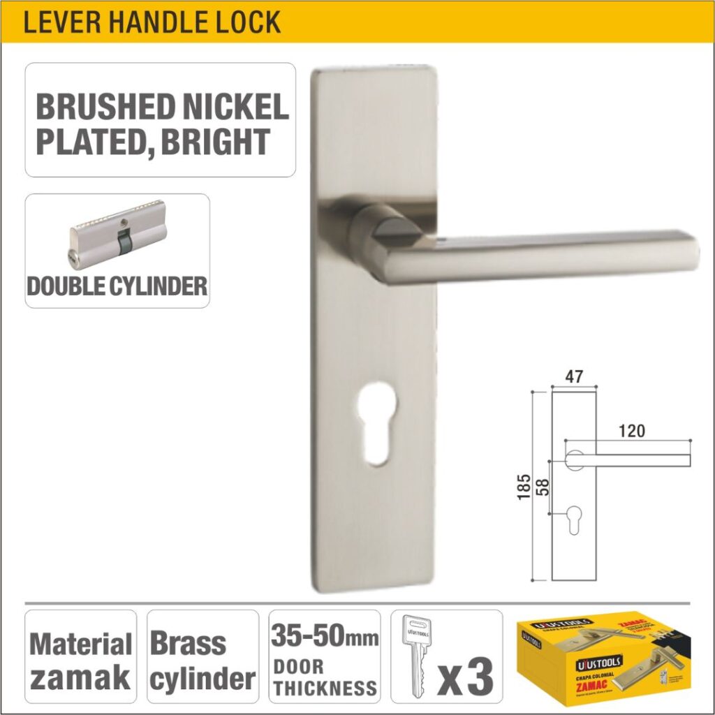 Bright Brushed Nickel Plated Double Cylinder Lever Handle Lock with Brass Cylinder for Wood and Metal Doors Model ARL-CH601KN
