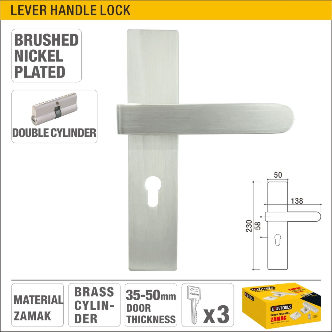 Brushed Nickel Plated Double Cylinder Lever Handle Lock with Brass Cylinder for Wood and Metal Doors Model ARL-CH621SN