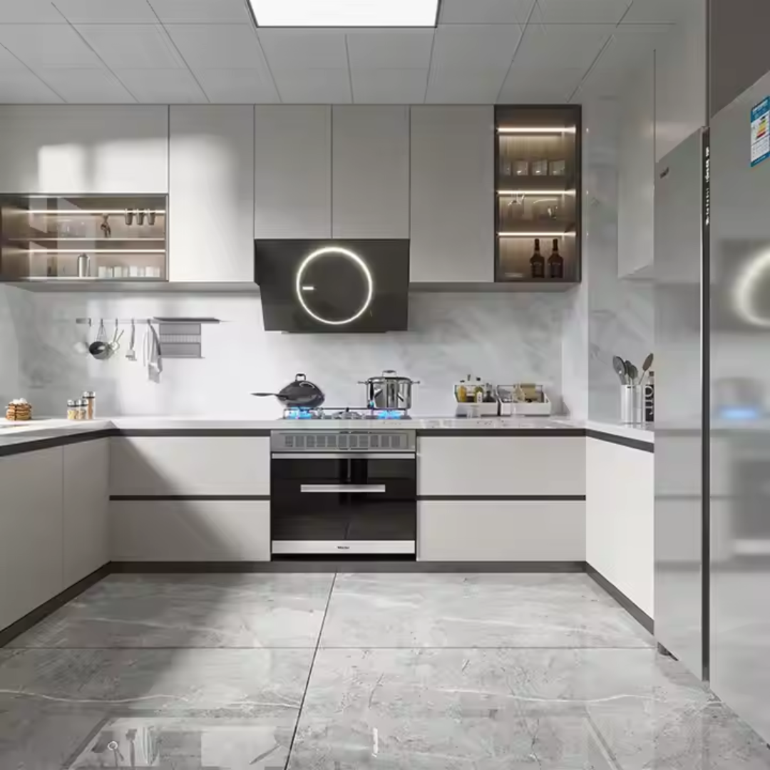 Complete Beige Acrylic & PVC Kitchen Solution with PU Lacquer Finish Complete Beige Acrylic & PVC Kitchen Solution with PU Lacquer Finish