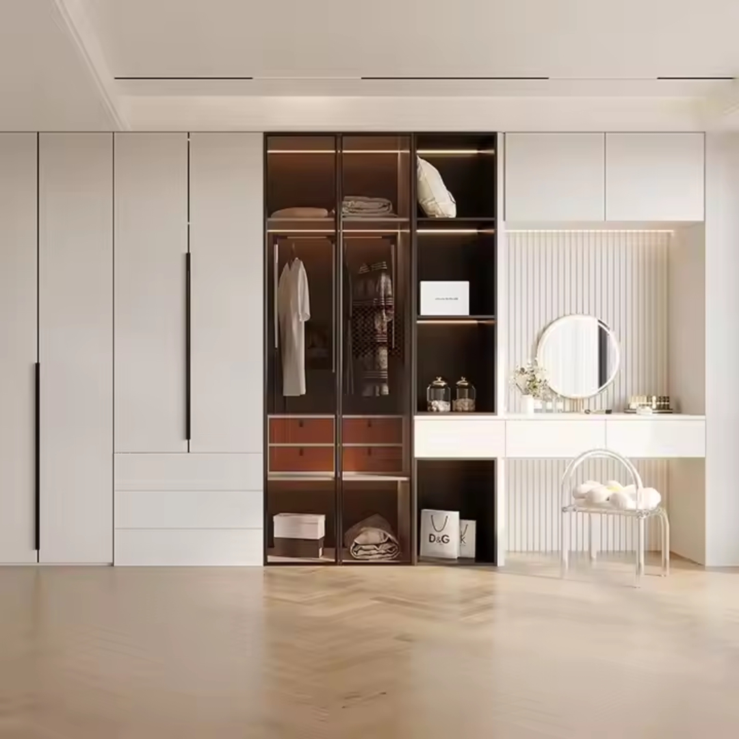 High-End Modern Wardrobe with Glass-Inserted Doors & LED-Lit Shelves ARL-STW006